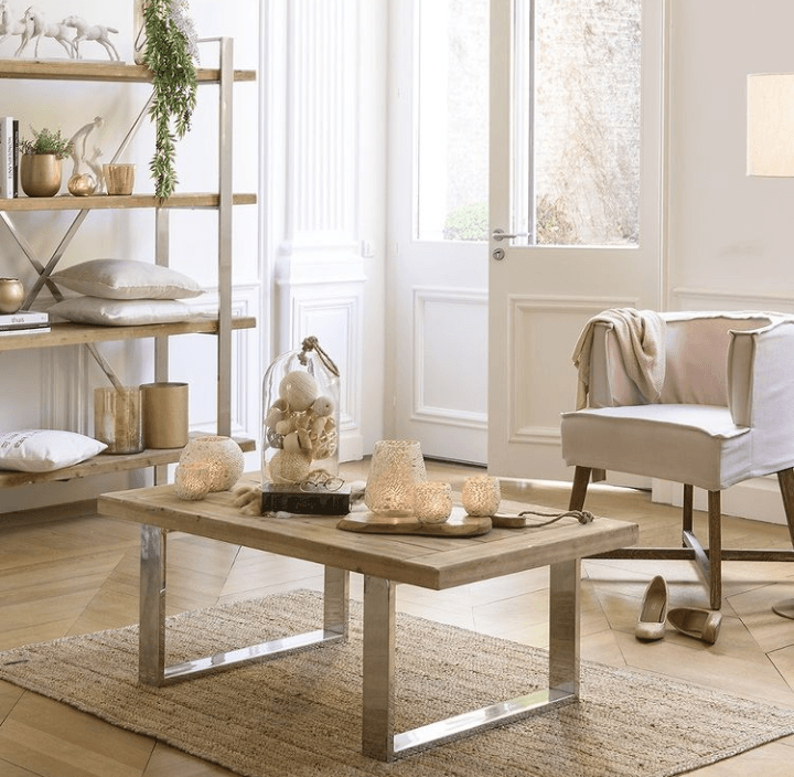 שולחן סלון פלטה עץ טבעי חשוף על רגלי ניקל - The Collection by Aviel Waizman